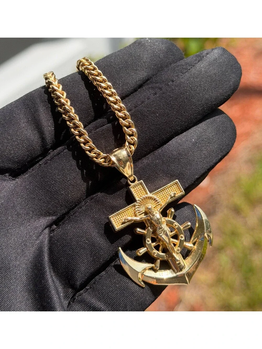 Jewelry 14k solid Yellow Gold Jesus Anchor Pendant charm